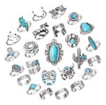 25Pcs Vintage Silver Knuckle Rings Set for Women Men, Western Cowgirl Cowboy Stackable Joint Finger Rings Open Stackable Midi Rings Retro Carved Stone Stacking Midi Adjustable Rings Bohemian Turquoise