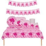 Hotpink Girls Party Tableware Set,70pcs Pink Princess Theme Napkins Plates Cups Tablecloth and Banner Set for Grils Birthday Baby Shower Wedding Barbie Theme Party Princess Party Decorations Supplies