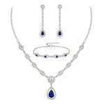 Ever Faith Bridal Cubic Zirconia Jewelry Set Stunning Teardrop September Birthstone Necklace Bracelet Earrings Set for Woman Sapphire Silver-Tone