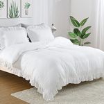 White Ruffle Duvet Cover Queen Size, 3PCS Soft Washed Microfiber Vintage French Country Duvet Cover Set for Queen Bed, White, 90x90 in