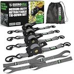 Rhino USA Retractable Ratchet Tie Down Straps (4PK) - 540kg Guaranteed Max Break Strength, Includes (4) Ultimate 2.5 cm x 3 m Autoretract Tie Downs with Padded Handles - Grey