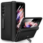 Ruky Kickstand Case for Galaxy Z Fold 3, Hinge Protection & Built-in Screen Protector, Full Body Case PU Leather Stand Phone Case for Samsung Galaxy Z Fold 3 5G, Carbon Fiber