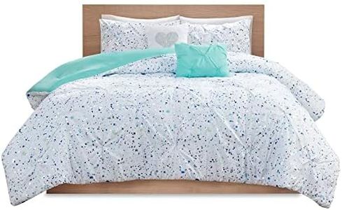 Intelligent Design Abby 5 Piece Comforter Set Microfiber Metallic Watercolor Print Pintucked Design Embroidered Toss Pillows Modern All Season Bedding, Matching Sham, Full/Queen Aqua 5 Piece