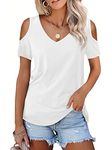 RANPHEE Womens Summer Cold Shoulder Tops White Short Sleeve V Neck Casual Basic Shirt Cute Ladies Fashion Trendy Clothing Loose Fitting Blouses XL