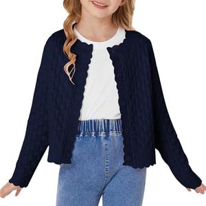 GRACE KARIN Girls Cardigan Sweater Long Sleeve Cable Knit Button Front Cropped Sweaters 10-12 Years,Navy Blue