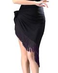 Grouptap Latin tassel scarf wrap black short dance skirt for womens ballroom tango chacha salsa samba rumba dancing dress (Black, 160-175cm Height)