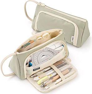 ONCCI Trousse à Crayons de Grande Capacité Durable,Trousse à Crayons avec Multifonctionnel Compartiments,Stylos Étui Sac pour Étudiant Papeterie Filles (Crème-Vert)