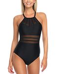 RELLECIGA Women's Black High Neck Mesh Splicing One Piece Swimsuit Size Large