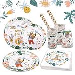 Party Tableware Set 101 pcs Kids Birthday Party Tableware Paper Plates Cups Napkins Party Dinnerwares for Birthday Party Baby Shower, 20 Guests, Animal Theme