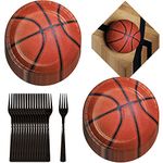 Basketball Party Supplies - Basketball Paper Dessert Plates, Napkins, and Forks (Serves 16)