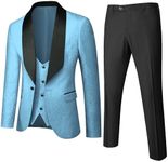 UNINUKOO Mens Floral Suits 3 Piece Tuxedo Suit Slim Fit Jacquard Tux Suit Set Shawl Lapel for Wedding Prom Suit, Sky Blue, Large