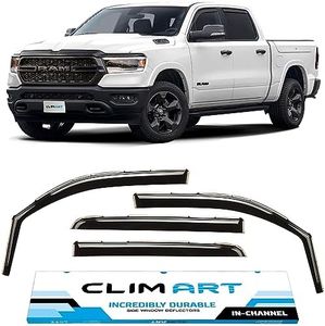 CLIM ART in-Channel Incredibly Durable Rain Guards for Dodge RAM 1500 2019-2023 Crew Cab, Original Window Deflectors, Vent Deflector, Vent Window Visors, Dark Smoke Truck Accessories, 4 pcs- 619006LP