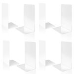 VONDERSO Metal Bookends, 4 Pairs White Metal Book ends Heavy Duty for Shelves Decor Home Office, Unique White Bookends Supports Anti-Slip for Kids