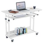 Dripex Computer Desk Mobile, Portable Office Desk with Movable Wheels, Height Adjustable Study Desk, Home Office Desk with Keyboard Tray and Shelf for Small Spaces (White)