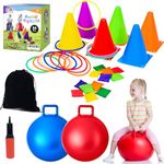 4 in 1 Carnival Outdoor Games Combo Set for Kids with 2 PCS Hopper Balls, 18 inch Bouncy Ball with Handle & Soft Plastic Cones & Bean Bags Ring Toss Game, Gift for Family Birthday Party Backyard Games