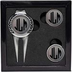 Personalized Divot Tool and Hat Clip Golf Ball Marker Set~3 Finishes~9 Engraving Styles(Pewter-3 Letter Monogram)