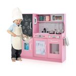 Maxmass Kids Play Kitchen, Wooden Children Pretend Kitchen with Ice Maker, Telephone, Chalkboard, Double Stoves, Dishwasher, Cookware Accessories, Toddler Cooking Toy Playset for Boys Girls (Pink)