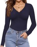 Ekouaer Long Sleeve Shirts for Women Fashion V Neck Basics Tops Lightweight Base Layer Slim Fit Top Navy Blue M