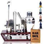 Bar Box Brown Wood Stand - 14-Piece Home Bartending Kit Martini Cocktail Shaker Set with Peg Measurers, Muddler, Bottle & Wine Opener Stylish Brown & Silver Bar Accessories and Bar Tools for Home