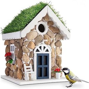 Gardigo® Comedero para Pájaros Exterior en Forma de Casa de Piedra I Nido de Pájaros y Decoración para Jardín I Casita y Bebedero para Las Aves Silvestres Gorriones, Jilgueros, Canarios, Etc.