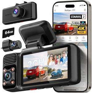 REDTIGER F17 4K 3 Channel Dash Cam, 5GHz WiFi Built-in GPS with 64GB Card, 2160P+1080P+1080P Front and Rear Inside, Triple Car Camera with 3 Inch Screen, IR Night Vision, G Sensor, WDR, Parking Mode