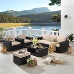 DEVOKO 5 Piece Conversation Wicker Sofa Set with Center Table, Outdoor Patio Furniture Set Ottoman with Cushions for Poolside, Garden, Balcony, and Terrace (Dark Brown and Cream)