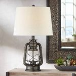 Murphy Industrial Rustic Accent Table Lamp Miner Lantern 23" High Weathered Bronze Metal Clear Glass Oatmeal Fabric Drum Shade Decor for Living Room Bedroom House Bedside - Franklin Iron Works