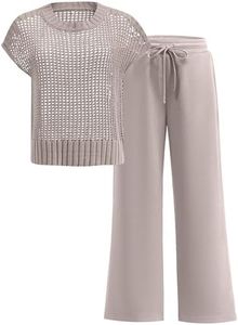 ANRABESS Women Two Piece Outfits Crochet Sheer Knit Sweater Top Wide Leg Pants Lounge Matching Sets Sweatsuit Travel Clothes light khaki X-Large