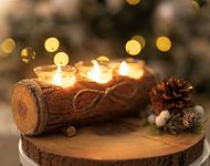 Modern Rustic Log Christmas candle Tea Light Holders with 3 Stylish Glass Candle Holder - Strong and Robust Wood Effect Christmas Table Centerpiece Ornamental Wedding Candle Holder Gifts