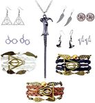 HJYZY 10 pcs Retro Triangle Wings Lightning Magic Hat Glasses Earring Set Magic Wand Pendant Necklace Deathly Hallows and Owls Charm with Black Leather Braid and Rope Bracelet