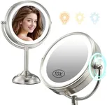 VESAUR 8.5" Big Vision Lighted Makeup Mirror, 1X/10X HD Undistorted Magnifying Vanity Mirror with 3 Color Dimmable Lights, 360° Swivel Cosmetic Mirror Dual Power Supply, Pearl Nickel, Gift for Women