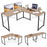 COSTWAY L-Shaped Computer Desk, 240cm Reversible Double Study Writing Workstation for 2 Person, Large Long Corner Home Office Desk Wooden PC Laptop Gaming Table with Monitor Stand (Natural)