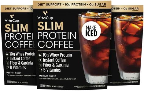 VitaCup Slim Protein Coffee Shake for Diet Support, Instant Coffee w/Whey Protein Powder, B Vitamins & Fiber, Dietitian Developed for Performance & Taste, Make as Iced Coffee or Shake, 3 Bags