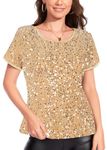 ANNA-KACI Women's Sparkly Sequin Velvet Tops Short Sleeve Crew Neck Shirt Party Club Blouse, Gold, Medium