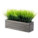 MyGift 14 Inch Artificial Green Grass Plant in Vintage Gray Wood Planter Window Box, Faux Greenery in Decorative Rectangular Crate Style Wooden Container