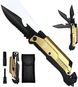 CHELONIAN 8.5" Military Outdoor Hunting Camping Pocket Knife, 7 in 1 Multi-Function Folding Knives with Fire Starter LED Light Seatbelt Cutter Glass Breaker Bottle Opener Tactical Blade (Gold)