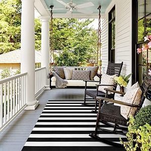 Black and White Rug 4'x 6',Collive Washable Striped Outdoor Indoor Rug,Farmhouse Cotton Woven Layered Door Mat,Front Porch Decor Door Mat for Front Door/Patio/Porch/Living Room