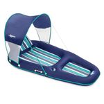 Aqua Ultimate Pool Float Lounger with UPF 50 Canopy and Cupholder – Heavy Duty, Inflatable Pool Lounge for Adults – Navy/Aqua/White Stripe