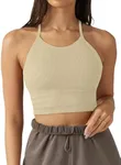 LASLULU Halter Neck Sports Bras for Women Adjustable Thin Straps Padded Yoga Bra Basic Wireless Bra Camisole(Beige-Seamless Large)