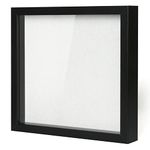 Muzilife 12x12 Shadow Box Picture Frame with Linen Board - Deep Wood & Glass Display Case Ready to Hang Perfect to Display Baby & Sports Memorabilia, Pins, Awards, Medals, Tickets and Photos (Black)