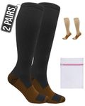 360 RELIEF 2 Pairs Copper Compression Socks Women & Men 15-20 mmHg Varicose Veins, Travel, Running, Pregnancy Socks, L/XL, Black + Laundry Bag