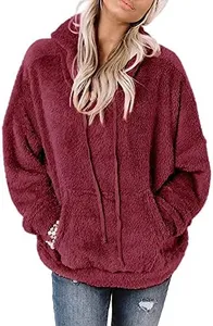 Ezbelle Women's Oversized Hoodie Fuzzy Sweatshirts Casual Sherpa Pullover Tunic Tops Long Sleeve Shirts Fall Outfits Cozy Trendy Clothes Burgundy L