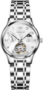 OLEVS Automatic Womens Watch Elegant Luxury Dress Silver Watches for Women Stainless Steel Waterproof Moon Phase Women's Wrist Watch Diamond Luminous Tourbillon Chronograph Mechanical Ladies Watches
