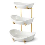 HOMKULA Fruit Bowl for Kitchen Counter - 3 Tier Ceramic Serving Bowls with Metal Stand, Tiered Fruit Basket for Fruit Vegetable Storage, Snack, Nuts, Cake, Dessert, Small & Cute (Gold)