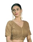 Pujia Mills Women's Indian Ethnic Wear Designer Silver Sequence with Matching Embroidered Work V Neck Half Sleeve Readymade Padded Saree Blouse Readymade Unique Gold Color Saree Blouse