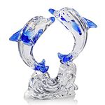 H&D HYALINE & DORA Glass Double Dolphins Figurines Collectibles,Glass Sea Animal Ornament,Crystal Animals Paperweight for Home Office Decor(Blue)