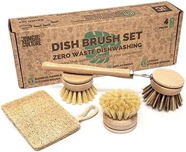 Jungle Culture® Set de 4 Cepillos para Lavar Platos Naturales • Eco Set de Cepillos y Esponja Limpiadora para Sartenes • Base de Plantas • Cepillos de Madera para Platos con 3 Cabezas de Repuesto