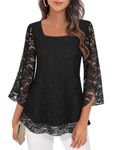 Ladies Tops, Casual Black Lace Tops Ruffle 3/4 Sleeve Square Neck Blouse Tops Womens Fitted Tunic Tops Elegant Blouse Tunic Shirts Going Out Tops for Women UK