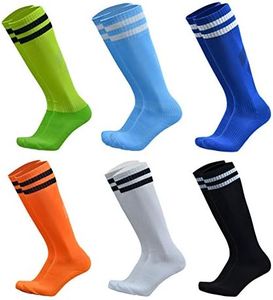 VWU Unisex Knee High Double Stripes Athletic Soccer Football Tube Socks for Adults&Children (Multicolour 6pcs, Large)