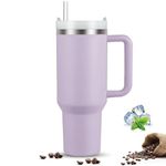 KISUOMAOYI 30 Oz Travel Tumbler with Straw Lid and Handle, Reusable Stainless Steel Water Bottle, Travel Insulated Cup, Leak Proof Vacuum Insulated Water Bottle, Travel Mug for Hot&Cold Drink-Purple